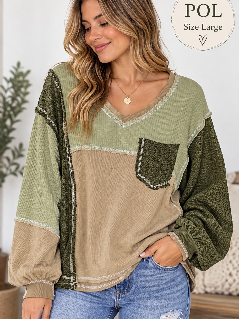 POL Size Large Patchwork Waffle Knit V-Neck Top Olive Sage Boho Oversized